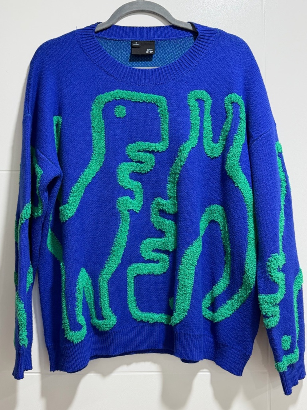 Knit Co-Op Blue Sweater With Green Dinosaurs Women Size M
